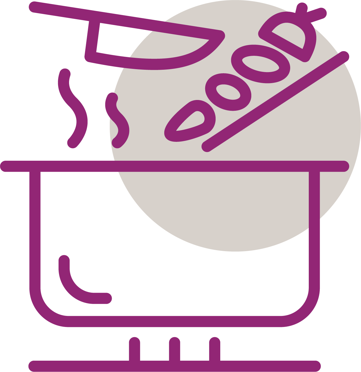Icon eines Kochtopfs mit Dampf und Gemüse